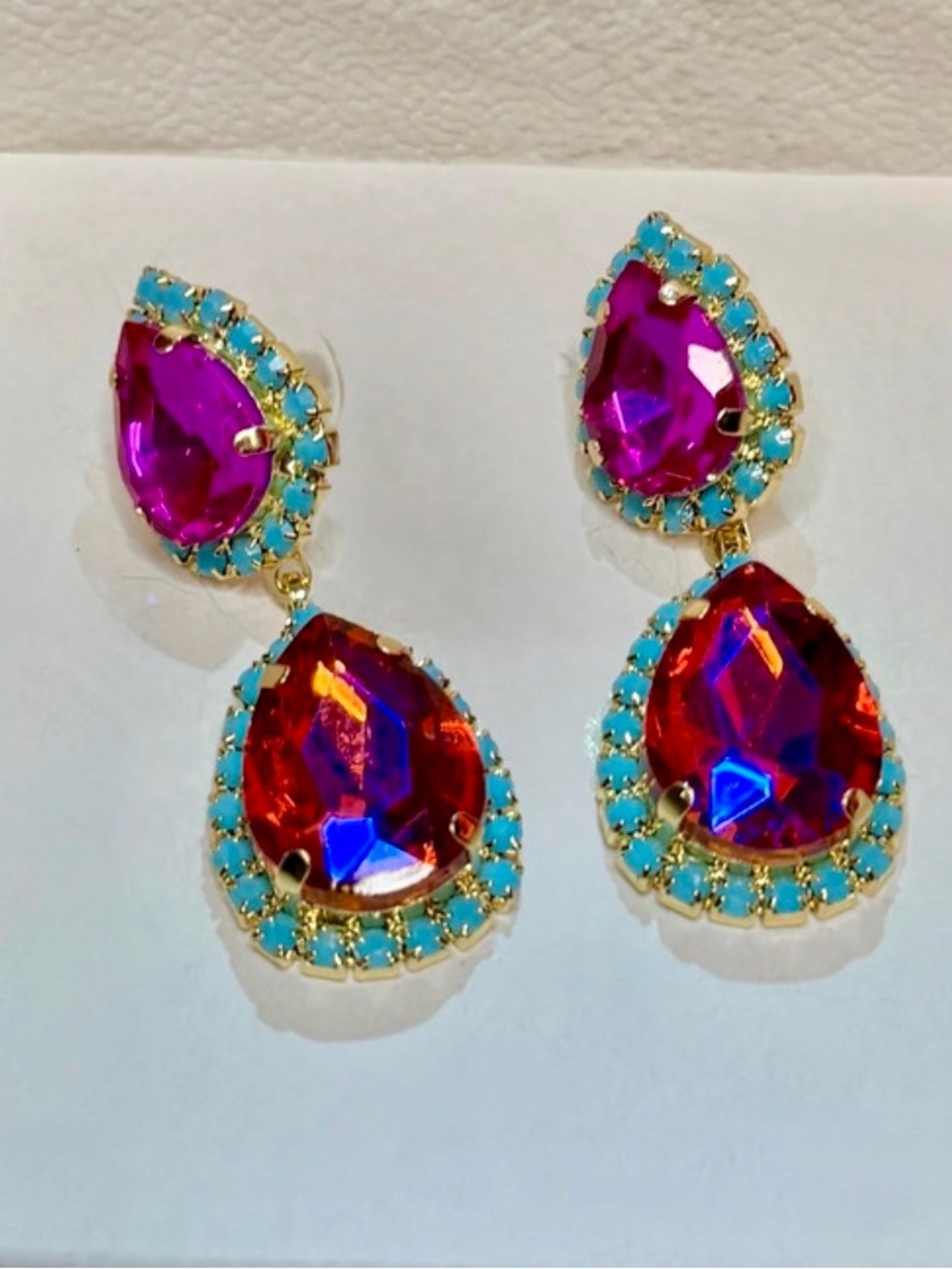 Gold-Tone Pink & Orange Teardrop Statement Earrings with Turquoise Accents NWOT